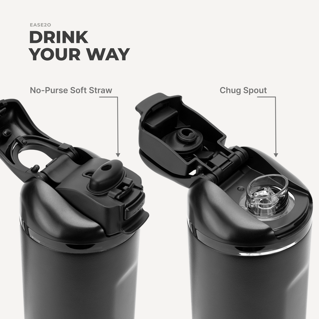 Ease2o 24oz | 2-in-1 Water Bottle with Soft Straw &amp; Chug Spout – Black