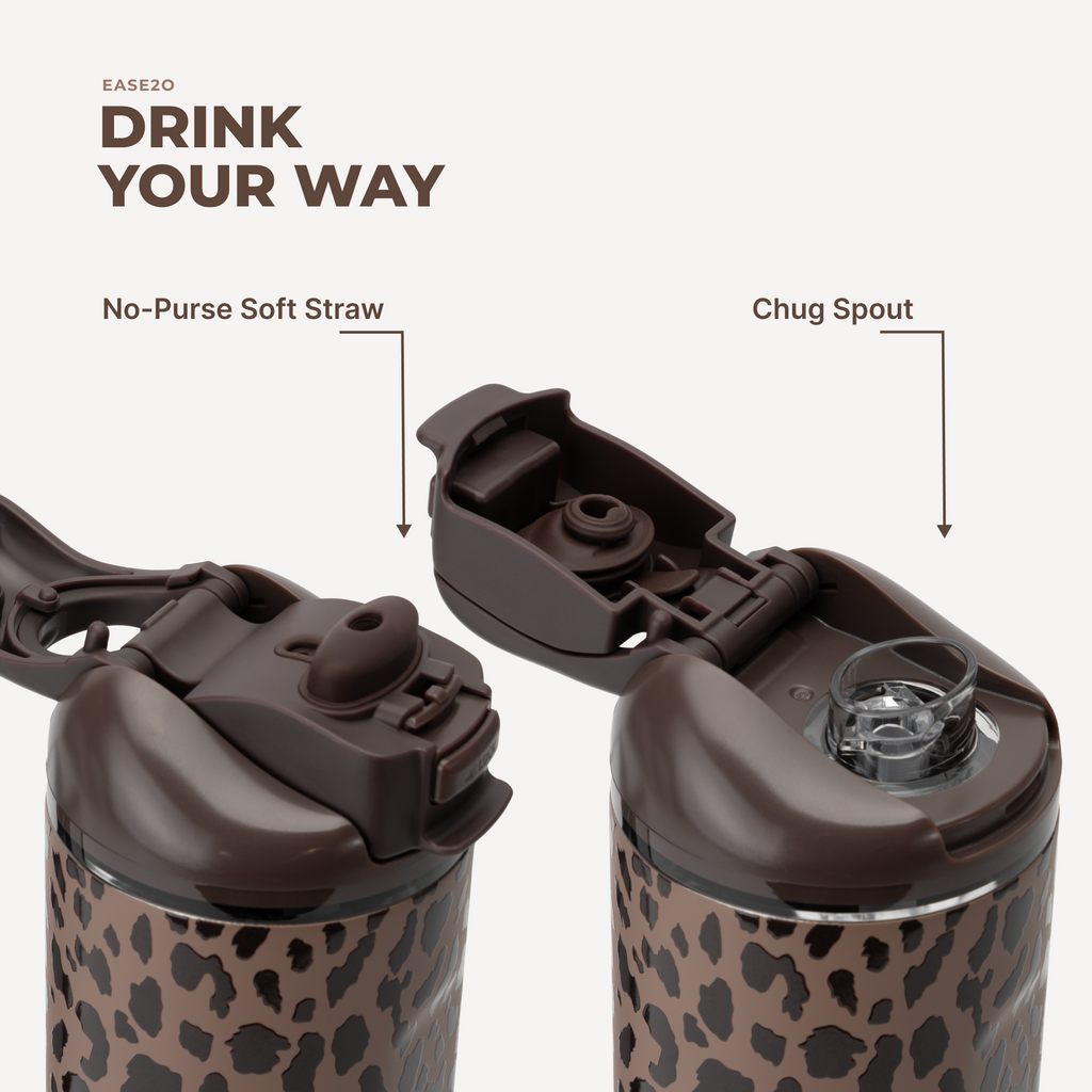 Ease2o 24oz | 2-in-1 Water Bottle with Soft Straw &amp; Chug Spout – Brown Leopard