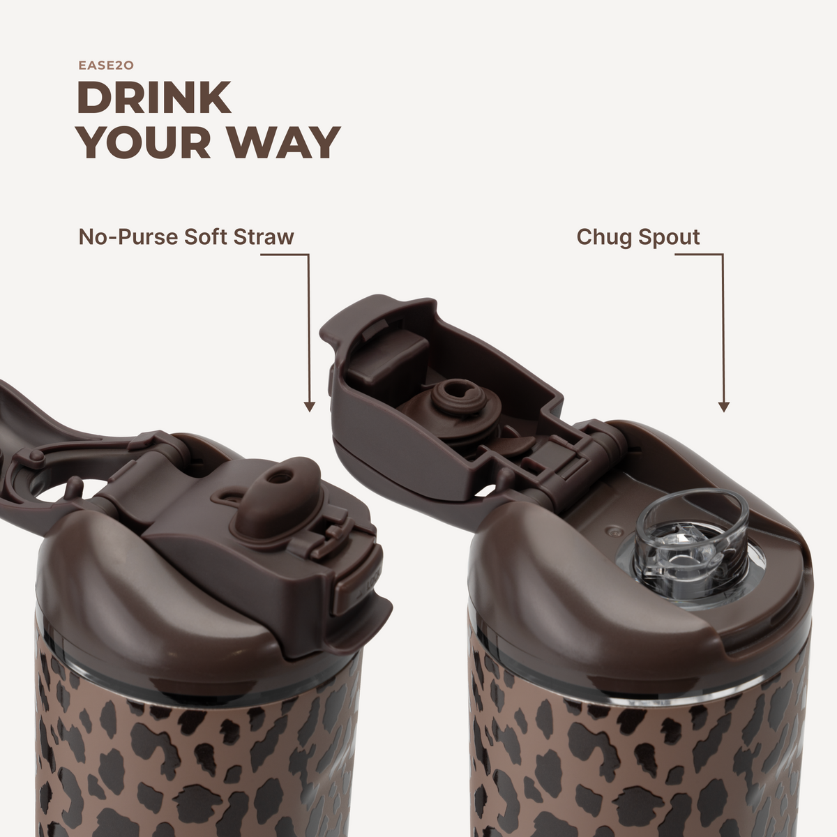 Ease2o 24oz | 2-in-1 Water Bottle with Soft Straw &amp; Chug Spout – Brown Leopard