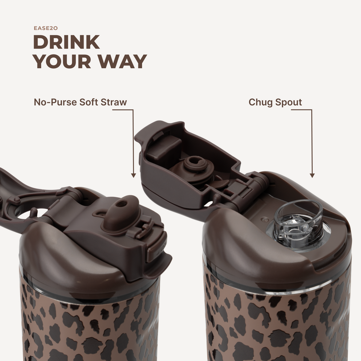 Ease2o 32oz | Compact Water Bottle with Straw &amp; Chug Spout – Brown Leopard
